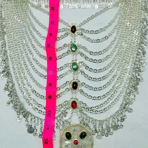 Multilayers Bib Necklace, Tribal Afghani Silver Kuchi Bib Necklace - Picture 10 of 13